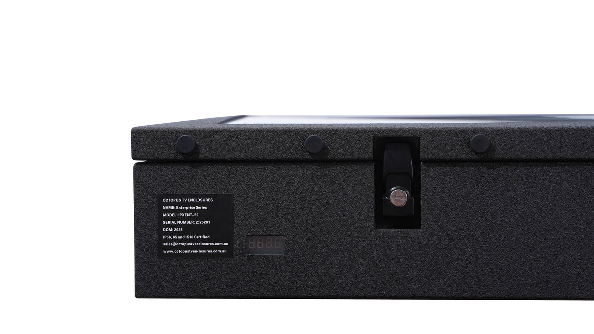 Spark Enterprise Series Outdoor TV Enclosure exterior locking mechanism and display detail